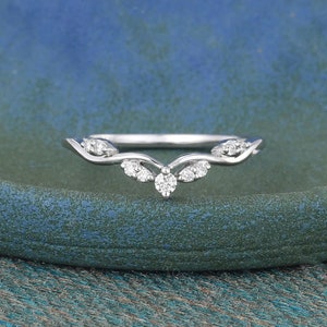 Dainty Art Deco Matching Stacking Band Wedding Ring White Gold Moissanite Curved Wedding Ring Diamond Wedding Band Promise Anniversary Ring