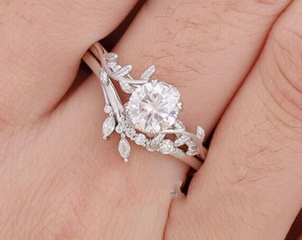 Vintage Diamond Leaf Wedding Band Promise Gift Nature Inspired Moissanite Wedding Ring Women 1ct Round Cut Moissanite Engagement Ring Set