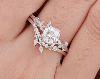 1ct Round Cut Moissanite Engagement Ring Set Nature Inspired Moissanite Wedding Ring Vintage Diamond Leaf Wedding Band Women Promise Gift