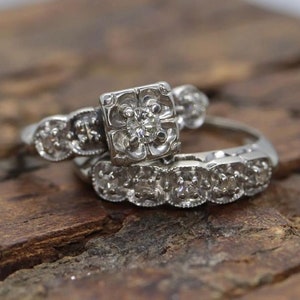 1890&#39;s Retro Edwardian Antique Round Cut Diamond Engagement Ring Set 14K White Gold Antique Wedding Bridal Ring  Set Vintage Ring Set