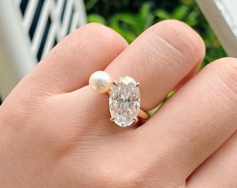 Pearl And Oval Moissanite Toi Et Moi Ring, Wedding Ring, 18K Solid Yellow Gold Proposal Ring, Anniversary Gift For Women, You And Me Ring