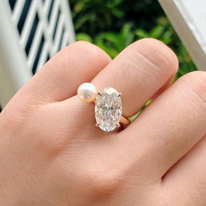 Pearl And Oval Moissanite Toi Et Moi Ring, 18K Solid Yellow Gold Proposal Ring, You And Me Ring, Anniversary Gift For Women, Wedding Ring