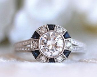 Round Cut Diamond Sapphire Engagement Ring 14K White Gold Ring Daphne Art Deco Sapphire Wedding Ring Split Shank Anniversary Ring Halo Ring