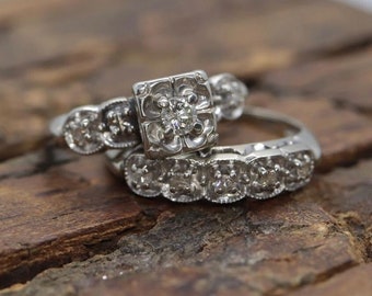1890&#39;s Retro Edwardian Antique Round Cut Diamond Engagement Ring Set 14K White Gold Antique Wedding Bridal Ring  Set Vintage Ring Set