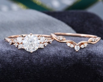 Moissanite Engagement Ring Set 14K Rose Gold Wedding Ring Set Vintage Unique Bridal Set Diamond Wedding Curved Anniversary Promise Ring Gift