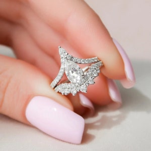 1.5Ct Pear Cut Moissanite Wedding Ring Set, Vintage Bridal Set, 14K White Gold Ring, Art Deco Matching Band, Engagement Ring Set For Women