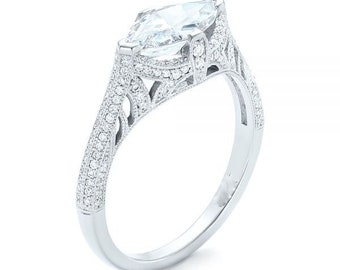 Marquise Moissanite Engagement Ring, 1930s Vintage Filigree Halo Ring, 14K White Gold Antique Style Ring, Unique Cathedral Art Deco Ring
