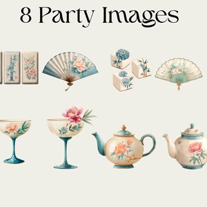 May include: Watercolor illustration of party images, including fans, teacups, teapots, and decorative boxes. The images feature floral designs in shades of pink, blue, and gold. The text "8 Party Images" is at the top.