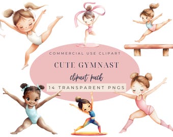 Peut inclure: Un pack de clipart numérique de 14 illustrations à l'aquarelle représentant de jolies gymnastes dans différentes poses. Les illustrations sont dans des tons roses, bleus et bruns et comprennent une gymnaste sur une poutre d'équilibre, une gymnaste sur un tapis d'exercice au sol et une gymnaste faisant un poirier.