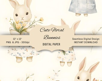 Watercolor Easter Bunny Digital Paper: Seamless Floral Pattern (Digital Download)