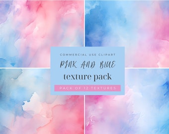May include: A digital download of 12 watercolor textures in pink and blue shades.  The textures are perfect for adding a soft, dreamy feel to your designs.  COMMERCIAL USE CLIPART PINK AND BLUE texture pack PACK OF 12 TEXTURES