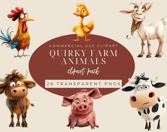 Imágenes prediseñadas de animales de granja peculiares: imágenes PNG de acuarela (uso comercial)