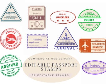 Passport Stamp Clipart, Retro Travel Stickers, Digital PNG Download, Vintage Clipart for Scrapbooking