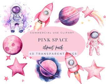 Space Clipart Bundle: Watercolor Astronauts, Rockets, Planets (PNG Digital Paper)