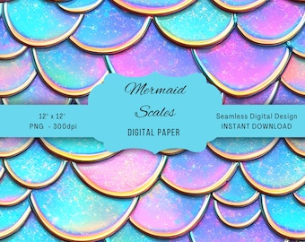 May include: Seamless digital paper featuring a repeating pattern of iridescent mermaid scales in shades of blue, pink, and purple with gold accents. The paper is 12 inches by 12 inches and 300 dpi.