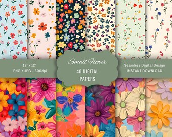 Kleine Blumen, digitales Papier, zierliche Blumenmuster, nahtlose Hintergründe zum Basteln, bedruckbare Kunst Designs