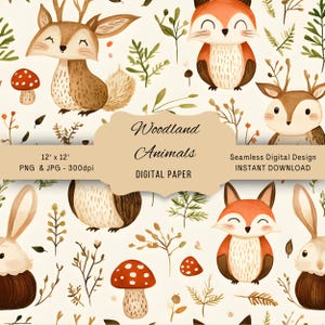Cute Cartoon Fox in Forest, Woodland Creature Digital Paper, Seamless Pattern for Nursery, Woodland Seamless Pattern