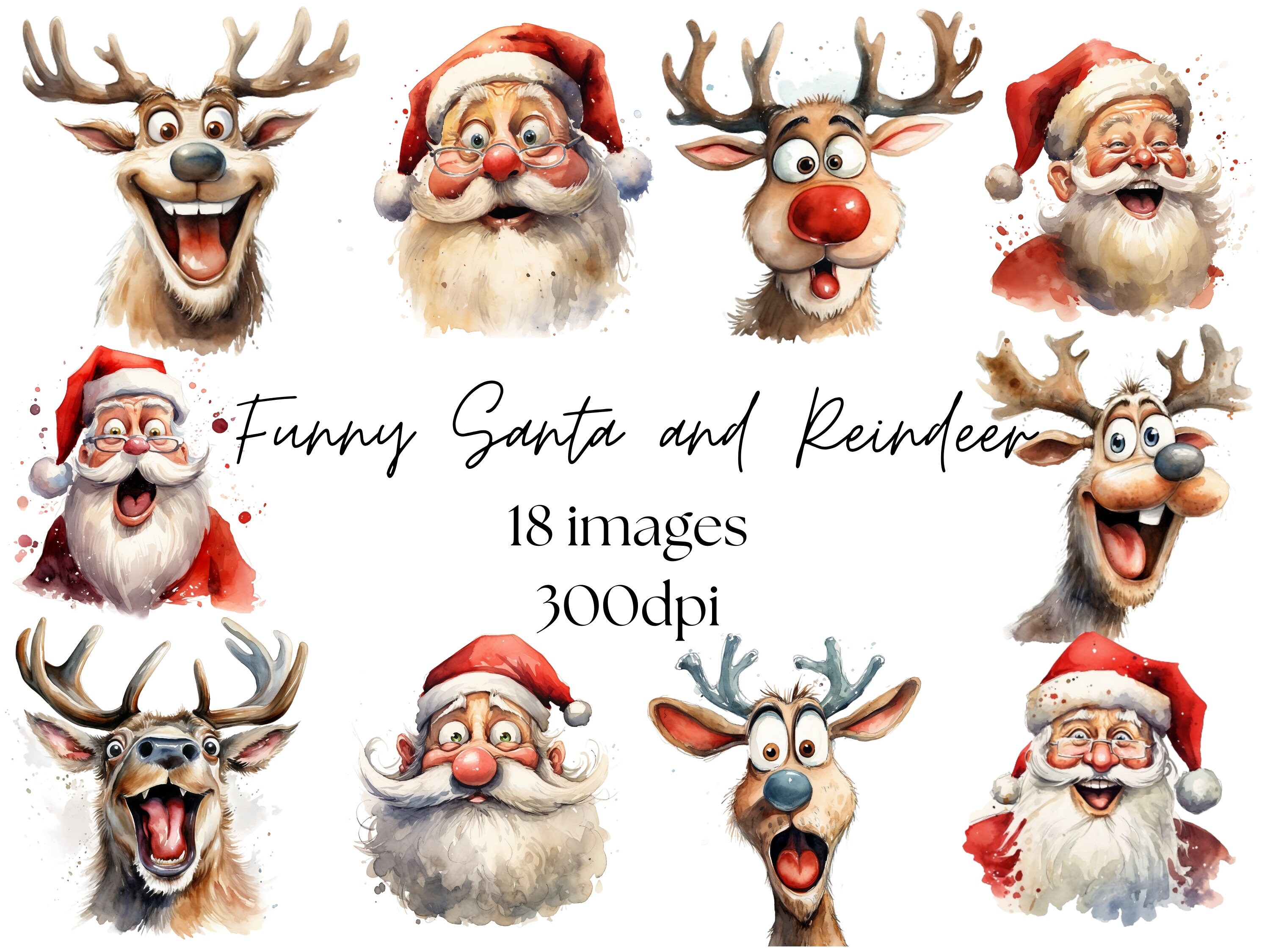 水彩サンタとトナカイのクリップアートセット（18点のPNGとJPG）商用