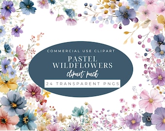 Pastel Wildflower Clipart, Watercolor Floral Borders, Digital Download for Crafts, Wedding & Spring Decor