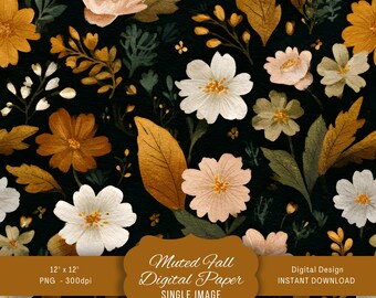 Puede incluir: Un diseño de papel digital con un patrón floral repetitivo. El diseño incluye flores blancas, melocotón y doradas, con hojas verdes y doradas, sobre un fondo oscuro. Se incluye el texto "Muted Fall Digital Paper".