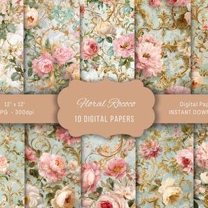 Puede incluir: Una colección de diez papeles digitales con un diseño floral rococó. Los papeles presentan un fondo azul claro con rosas rosas y crema, detalles dorados y adornos ornamentados. Cada papel mide 30,48 cm x 30,48 cm.
