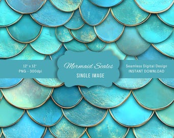 May include: Seamless digital design featuring a repeating pattern of turquoise blue mermaid scales with gold accents. The design is 12 inches by 12 inches and is available for instant download.