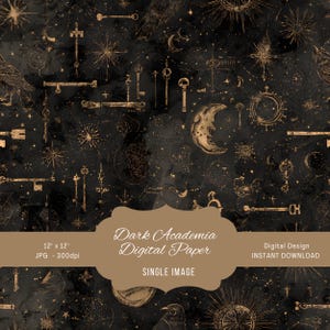 May include: Dark Academia digital paper with a black background and gold celestial and antique key illustrations. The design includes moons, stars, and other vintage elements. The text on the image reads "Dark Academia Digital Paper" and "Single Image".