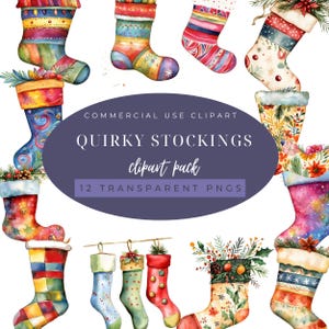 Peut inclure: Un ensemble de 12 illustrations aquarelle de chaussettes de Noël originales. Les chaussettes sont décorées de motifs et de couleurs variés, notamment le rouge, le vert, le bleu, le jaune et le blanc. Les chaussettes sont toutes de styles différents, certaines avec un look plus traditionnel et d'autres avec un look plus moderne. Les illustrations sont parfaites pour une utilisation dans le scrapbooking numérique, la fabrication de cartes et d'autres projets d'artisanat.