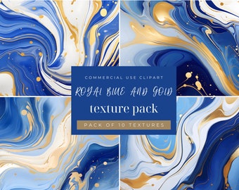Royal Blue and Gold Watercolor Texture Clipart: Alcohol Ink Backgrounds (PNG Digital Download)