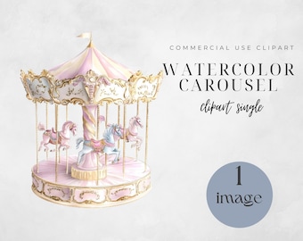 ピンクのメリーゴーランドの水彩画のクリップアート | 10 JPG | 保育園