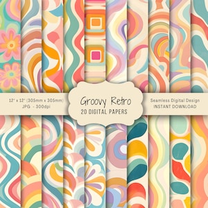 Puede incluir: Conjunto de 20 papeles digitales con diseños retro groovy en una variedad de colores, incluyendo rosa, naranja, amarillo, azul y verde. Los papeles miden 30,5 cm por 30,5 cm y 300 dpi.
