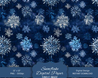 Watercolor Snowflake Digital Paper, Festive Seamless Pattern for Christmas, Printable Scrapbook Background