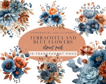 Terracotta and Blue Wedding Clipart, Watercolor Floral Designs, Digital Download for Rustic Invitations