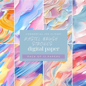 Puede incluir: Un conjunto de 12 papeles digitales con trazos de pincel pastel abstractos en varios colores, incluidos rosa, azul, amarillo y morado.  COMMERCIAL USE CLIPART PASTEL BRUSH STROKES digital paper PACK OF 12 PAPERS