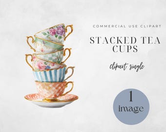 Stacked Teacups Clipart, Vintage Watercolor PNG for Tea Party, Digital Download, Scrapbooking, Floral Art