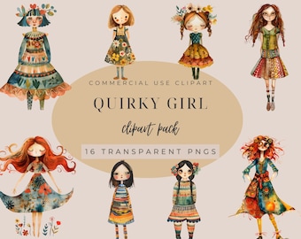 Quirky Girls Clipart, Whimsical Girls, Transparent images, Cute Girl, Clipart Whimsical Girl, Commercial Use, Instant Download, Cute Doll