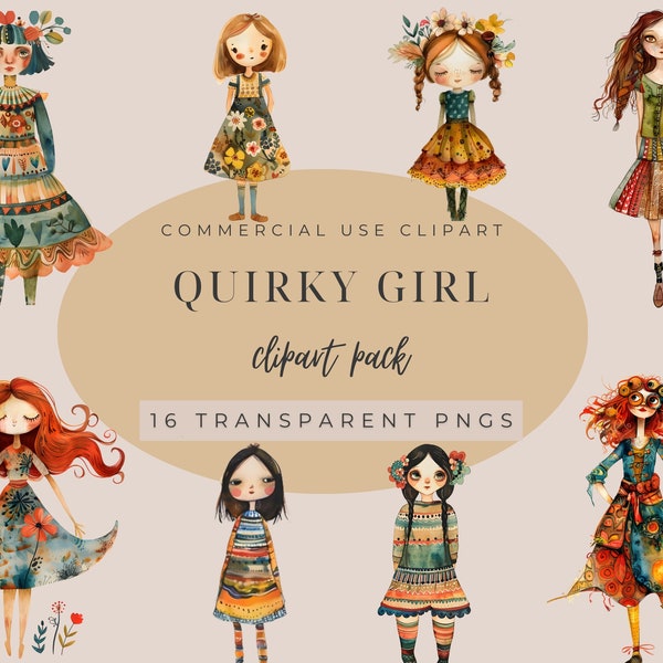 Quirky Girls Clipart, Whimsical Girls, Transparent images, Cute Girl, Clipart Whimsical Girl, Commercial Use, Instant Download, Cute Doll