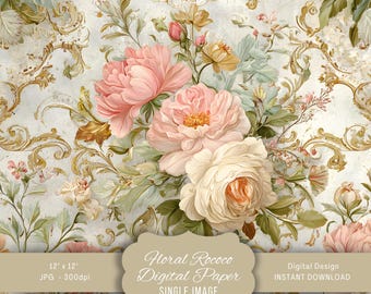 Papel digital floral rococó, fondo imprimible vintage, patrón para álbumes de recortes, diseño elegante