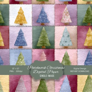 May include: A digital paper design featuring a patchwork pattern with watercolor Christmas trees in various colors, including yellow, blue, and green. The design is 12 x 12 inches and includes the text "Patchwork Christmas Digital Paper".
