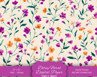 Ditsy Floral Digital Paper, Seamless Pattern for Scrapbooking, Cute Floral Background, Printable Vintage Design, Instant Download