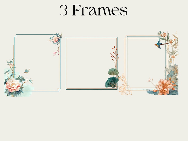May include: Three decorative frames with floral and bird illustrations. Each frame has a square or rectangular shape with a teal and gold border. The frames are adorned with flowers, leaves, and birds in shades of pink, orange, and teal.
