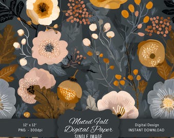 Puede incluir: Un diseño de papel digital con un patrón floral repetido en colores otoñales apagados. El diseño incluye flores grandes en tonos melocotón, crema y dorado, sobre un fondo gris oscuro. El texto "Muted Fall Digital Paper" es visible.