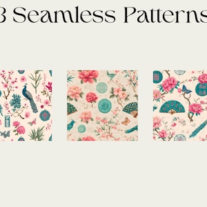 May include: Three seamless patterns with a floral and bird theme. Each pattern features pink flowers, teal birds, butterflies, and fans. The text "3 Seamless Patterns" is at the top.