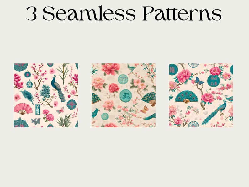 May include: Three seamless patterns with a floral and bird theme. Each pattern features pink flowers, teal birds, butterflies, and fans. The text "3 Seamless Patterns" is at the top.