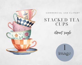 Stacked Teacups Clipart, Vintage Watercolor PNG for Tea Party, Digital Download, Scrapbooking, Floral Art