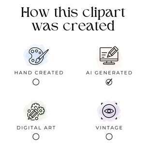 May include: White graphic with the text "How this clipart was created" and four options: "Hand Created", "AI Generated", "Digital Art", and "Vintage". The "AI Generated" option is checked.