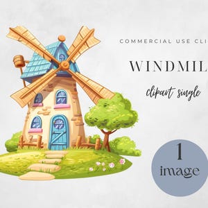 May include: A cartoon illustration of a blue and brown windmill with a green tree and flowers in front of it. The windmill has a blue roof and white windows. The tree has green leaves and a brown trunk. The flowers are pink and white.