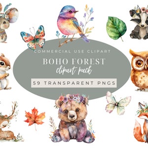 Boho Woodland Animals Clipart, Cute Woodland Animals Clipart,  Boho Forest Animals, Boho Baby Shower, Boho Baby Watercolor Clipart