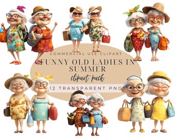 Funny Granny Beach Clipart: Whimsical Old Women Summer PNG (Digital Download)