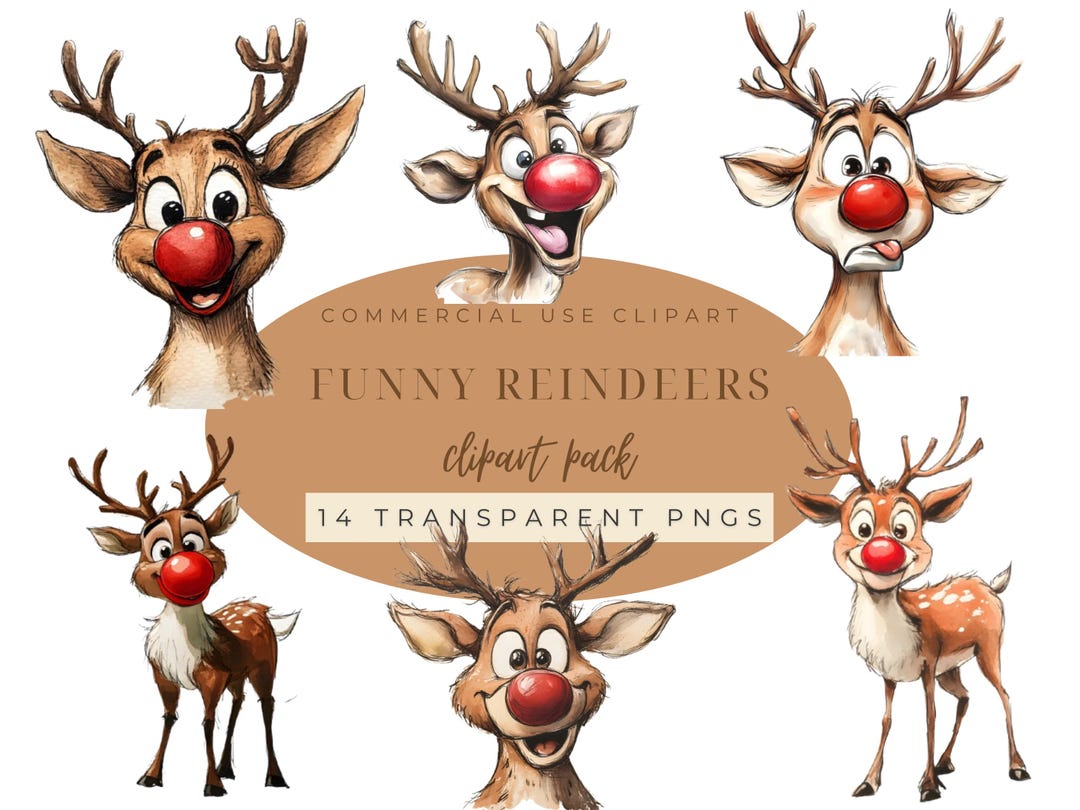 Watercolor Quirky Reindeer Clipart, Christmas Deer Clipart, Funny ...